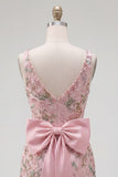 Pink V-Neck Bodycon Floral Homecoming Dress with Slit
