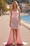 Pink Bodycon Floral Strapless Corset Homecoming Dress with Bow