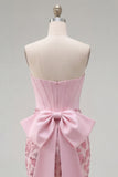 Pink Bodycon Floral Strapless Corset Homecoming Dress with Bow