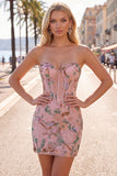 Pink Bodycon Sweetheart Floral Corset Short Formal Dress with Beading