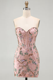 Pink Bodycon Sweetheart Floral Corset Short Formal Dress with Beading