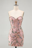 Pink Bodycon Sweetheart Floral Corset Short Formal Dress with Beading