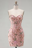 Pink Bodycon Sweetheart Floral Corset Homecoming Dress with Beading