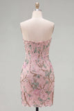 Pink Bodycon Sweetheart Floral Corset Homecoming Dress with Beading