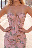 Pink Bodycon Sweetheart Floral Corset Short Formal Dress with Beading