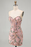 Pink Bodycon Sweetheart Floral Corset Short Formal Dress with Beading