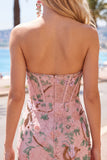 Pink Bodycon Sweetheart Floral Corset Short Formal Dress with Beading