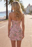 Pink Bodycon Sweetheart Floral Corset Homecoming Dress with Beading