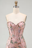 Pink Bodycon Sweetheart Floral Corset Short Formal Dress with Beading