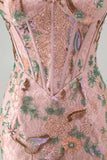 Pink Bodycon Sweetheart Floral Corset Short Formal Dress with Beading