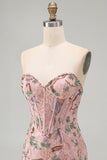 Pink Bodycon Sweetheart Floral Corset Short Formal Dress with Beading
