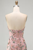 Pink Bodycon Sweetheart Floral Corset Short Formal Dress with Beading