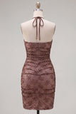 Chocolate Bodycon Halter Neck Ruched Homecoming Dress with Beading
