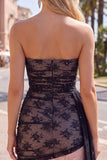 Black Strapless Bodycon Ruched Beaded Homecoming Dress with Sash