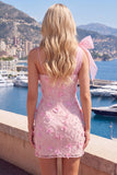 Pink 3D Floral One Shoulder Bow Bodycon Homecoming Dress