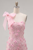 Pink 3D Floral One Shoulder Bow Bodycon Homecoming Dress