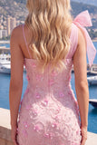Pink 3D Floral One Shoulder Bow Bodycon Homecoming Dress
