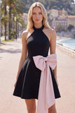 Black Pink A-Line Halter Neck Short Homecoming Dress with Large Bow