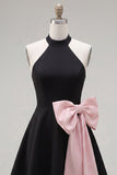 Black Pink A-Line Halter Neck Short Homecoming Dress with Large Bow
