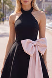 Black Pink A-Line Halter Neck Short Homecoming Dress with Large Bow