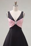 Black Pink A-Line V-Neck Short Homecoming Dress with Rhinestones
