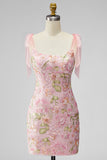 Romantic Pink Sequin Floral Embroidered Short Formal Dress with Bow Straps