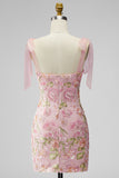 Romantic Pink Sequin Floral Embroidered Short Formal Dress with Bow Straps