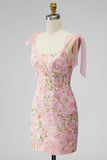 Romantic Pink Sequin Floral Embroidered Short Formal Dress with Bow Straps