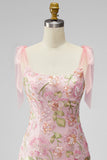 Romantic Pink Sequin Floral Embroidered Short Formal Dress with Bow Straps