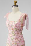 Romantic Pink Sequin Floral Embroidered Short Formal Dress with Bow Straps