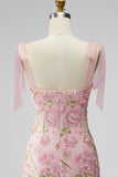 Romantic Pink Sequin Floral Embroidered Short Formal Dress with Bow Straps