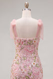 Romantic Pink Sequin Floral Embroidered Homecoming Dress with Bow Straps