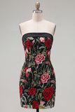 Strapless Red Rose Embroidered Black Bodycon Homecoming Dress
