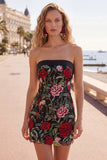 Strapless Red Rose Embroidered Black Bodycon Homecoming Dress