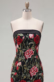 Strapless Red Rose Embroidered Black Bodycon Homecoming Dress