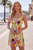 Yellow Square Neck Bodycon Floral Homecoming Dress with Embroidery
