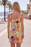Yellow Square Neck Bodycon Floral Homecoming Dress with Embroidery