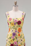 Yellow Square Neck Bodycon Floral Homecoming Dress with Embroidery