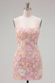 Pink Strapless Floral Short Bodycon Short Formal Dress with Beading