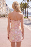 Pink Strapless Floral Short Bodycon Homecoming Dress with Beading
