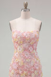 Pink Strapless Floral Short Bodycon Homecoming Dress with Beading