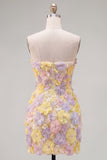 Pink Strapless Floral Short Bodycon Homecoming Dress with Beading