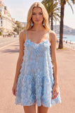 A-Line Blue Spaghetti Straps 3D Floral Homecoming Dress with Beading