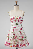 Pink Red Flower A-Line Short Formal Dress with Embroidery