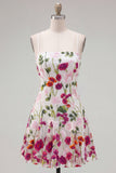Pink Red Flower A-Line Spaghetti Straps Short Homecoming Dress with Embroidery