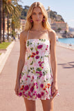 Pink Red Flower A-Line Spaghetti Straps Short Homecoming Dress with Embroidery