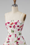 Pink Red Flower A-Line Short Formal Dress with Embroidery