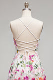 Pink Red Flower A-Line Spaghetti Straps Short Homecoming Dress with Embroidery