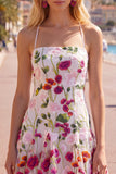 Pink Red Flower A-Line Spaghetti Straps Short Homecoming Dress with Embroidery