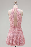 Pink A-Line Halter Neck Sequins Short Homecoming Dress with 3D Flowers